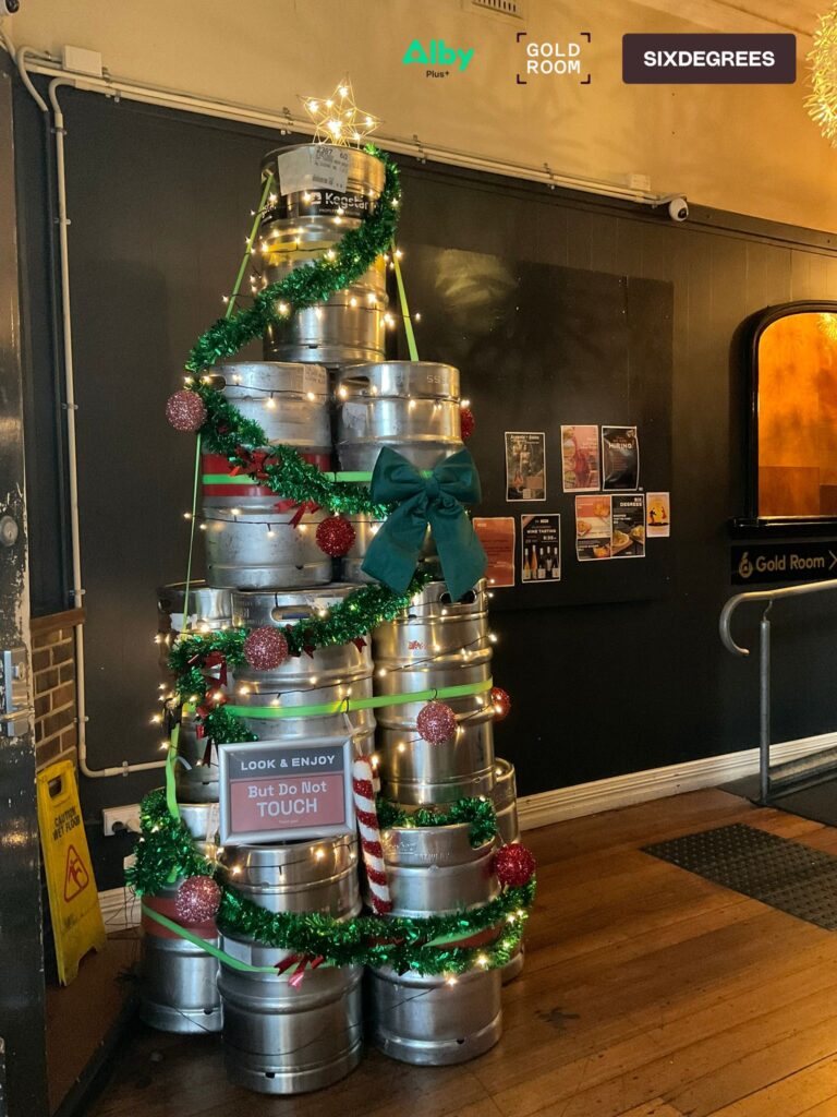 christmas tree albany made from stacked empty beer kegs at Six Degrees