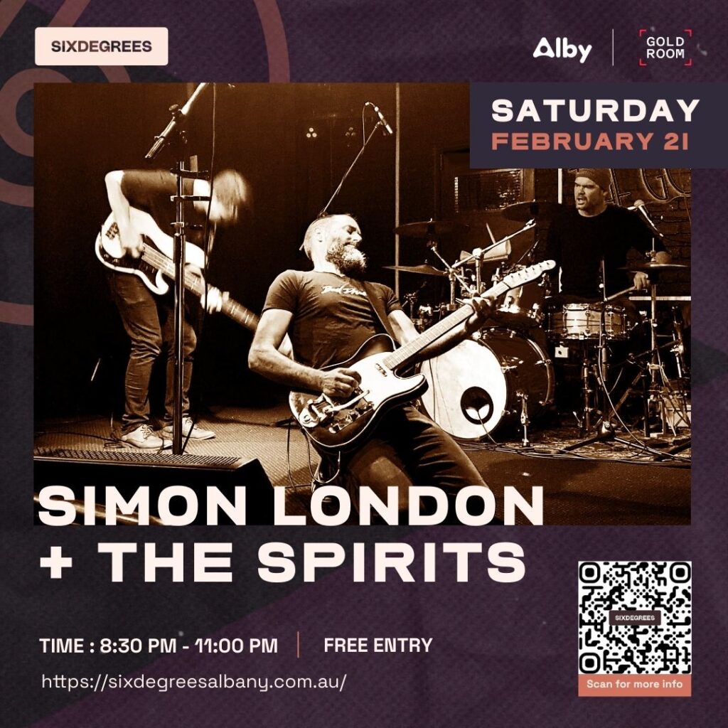 Simon London and The Spirits performing live on stage at Six Degrees Albany Goldroom